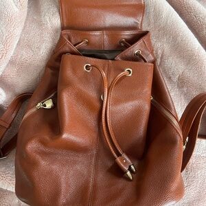 Brown Backpack Purse with Drawstring & Gold Hardware